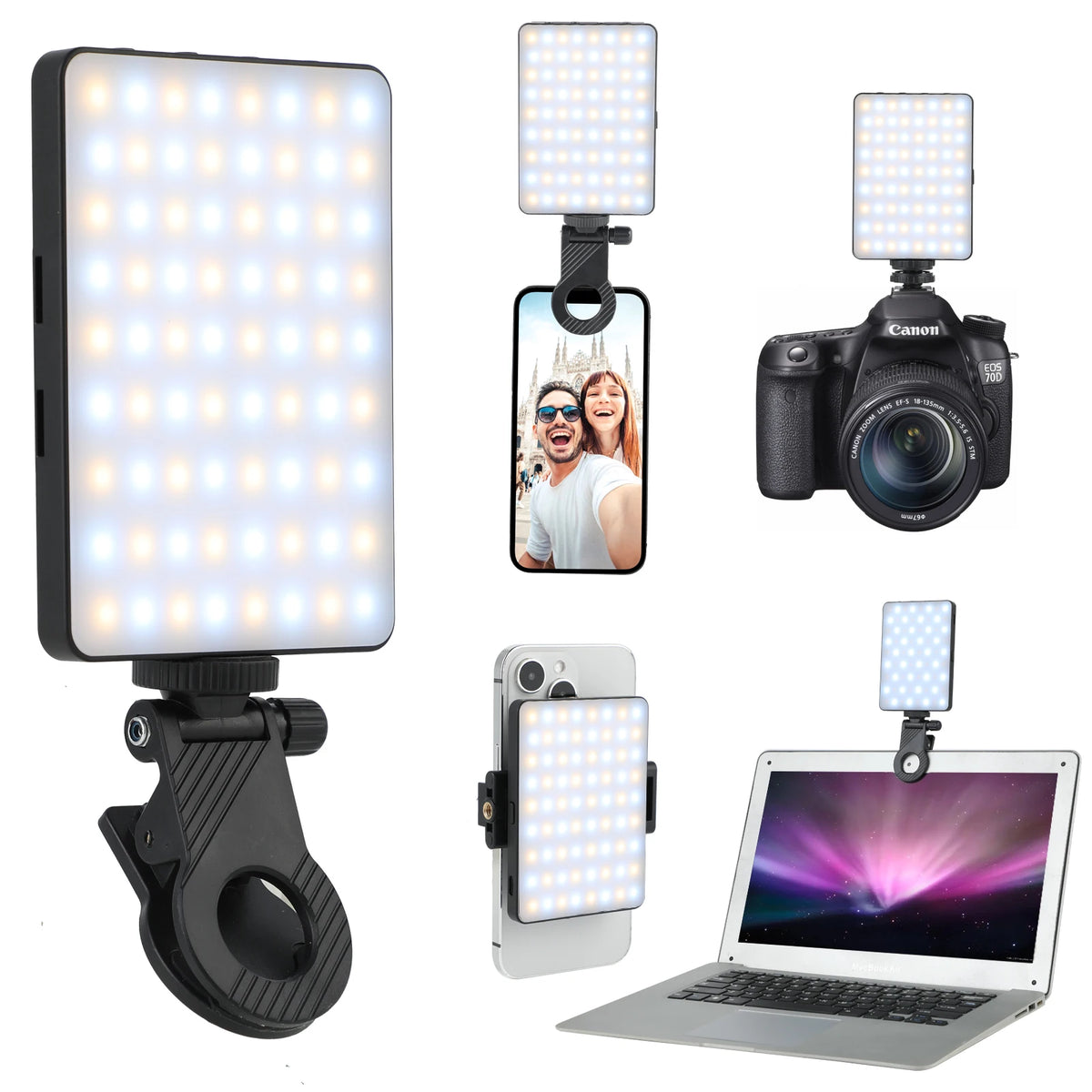 A set of 72 LED rechargeable selfie lights with front and back phone clips shown next to a camera and laptop.