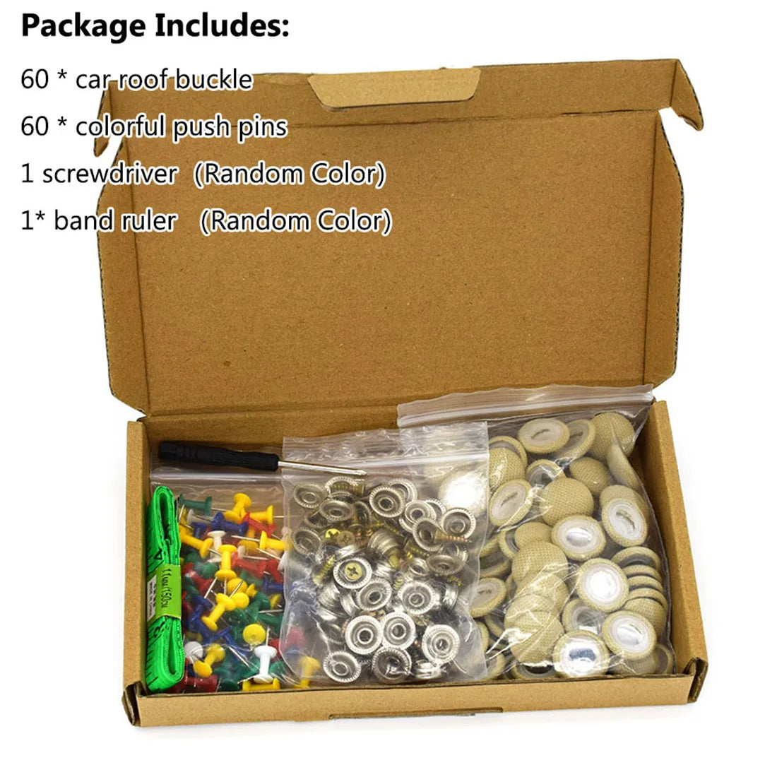 A cardboard box containing a car headliner repair kit with numerous push pins, a screwdriver, and a band ruler.