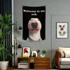 A black tapestry wall hanging featuring a funny bull terrier meme face.
