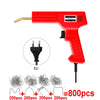 Red plastic welding gun tool with staples and a power cord for repair kit