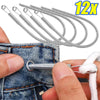 A hand is using a bendable drawstring threader tool with a flexible spring to manipulate a denim fabric.
