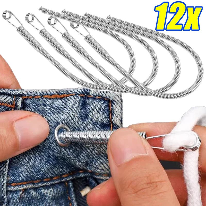 A hand is using a bendable drawstring threader tool with a flexible spring to manipulate a denim fabric.