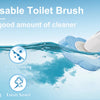 A white disposable toilet brush with a blue cleaning pad is shown being used in water to clean stains and provide a fresh sme
