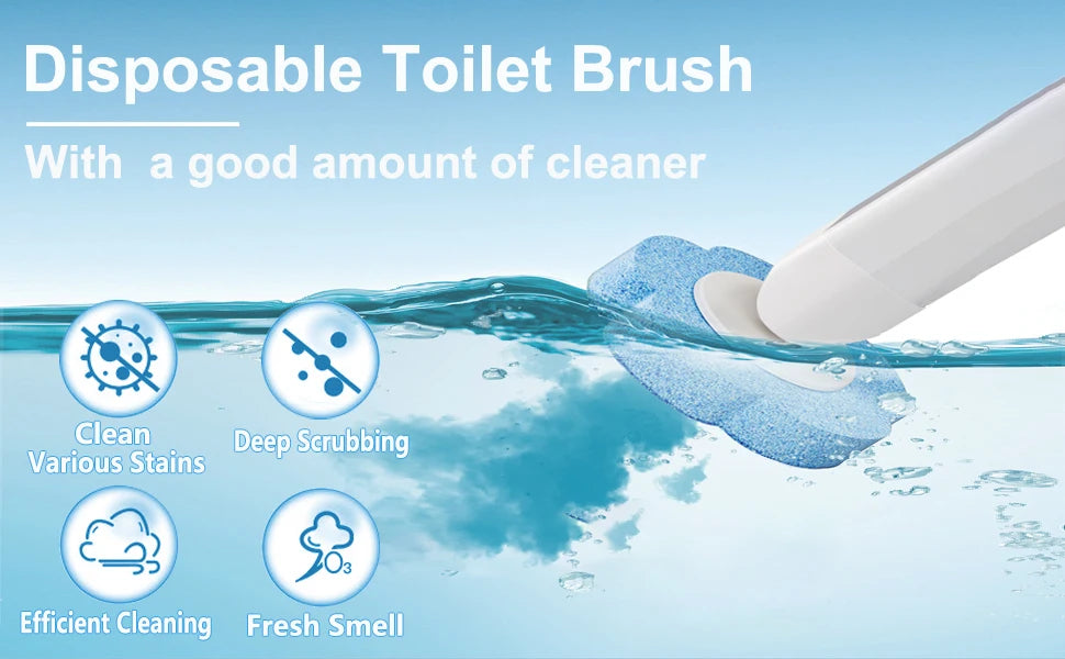 A white disposable toilet brush with a blue cleaning pad is shown being used in water to clean stains and provide a fresh sme