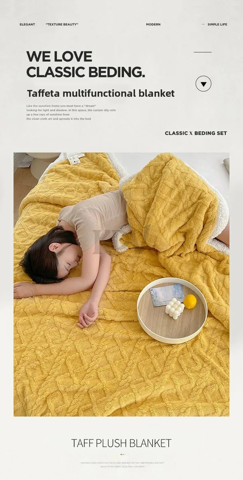 A yellow taffeta multifunctional blanket is draped over a person relaxing on a light-colored surface.