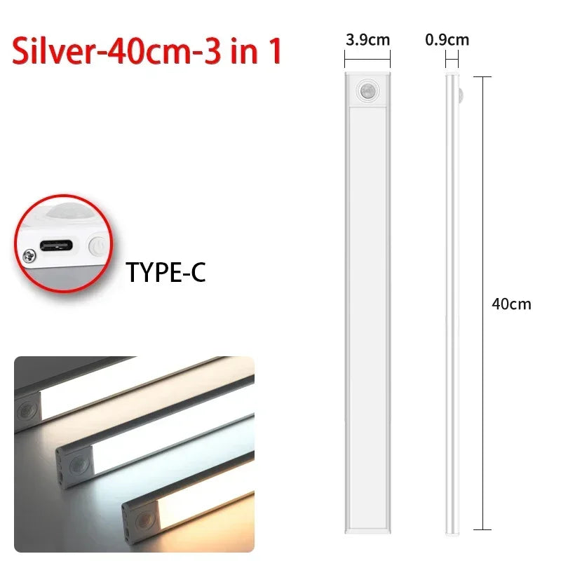 Silver 40cm 3 in 1 LED cabinet light with a Type-C connection and adjustable height.