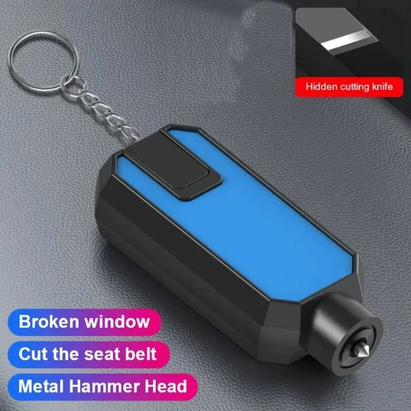 A black and blue emergency car safety tool featuring a hidden cutting knife and a metal hammer head.