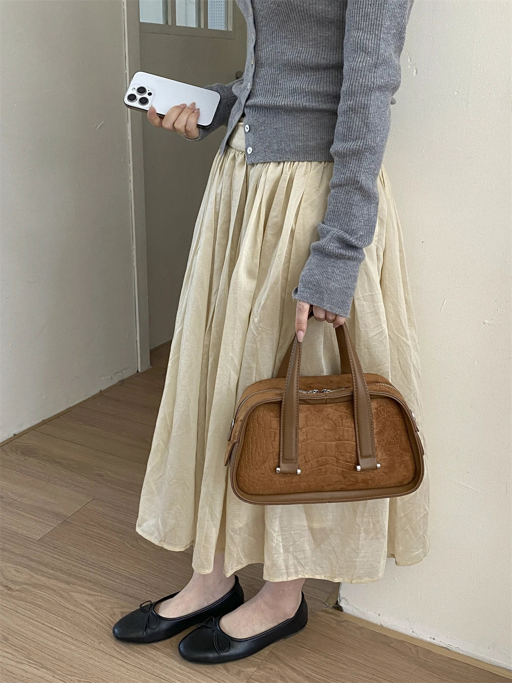 Vintage Croc-Embossed Mini Boston Bag with Dual Straps