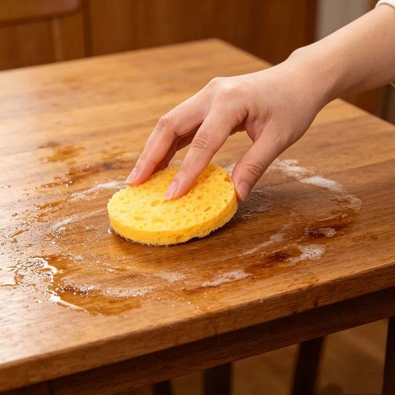 A hand is pressing a yellow compressed natural sponge onto a wooden cutting board.