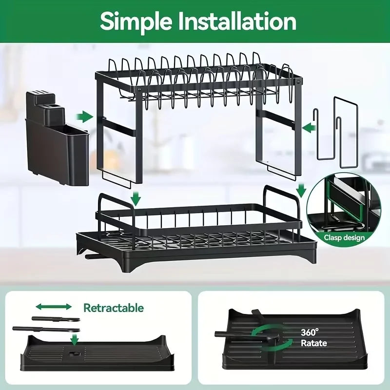 Black 2-tier kitchen countertop drying rack with a retractable and rotatable design