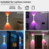 A rechargeable motion sensor LED night light with RGB mood lighting is shown illuminating a bedroom, bathroom, courtyard, and
