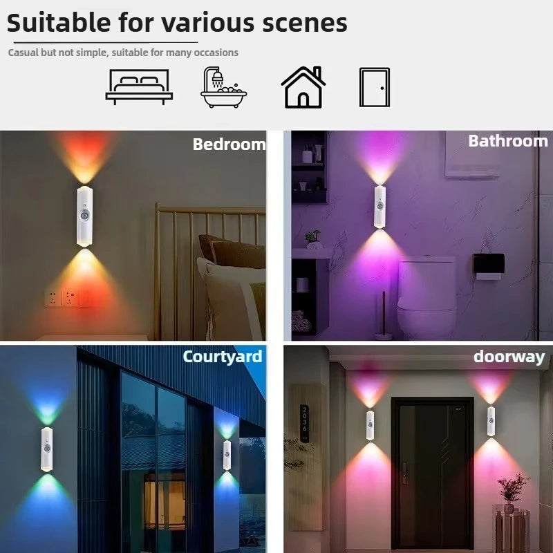 A rechargeable motion sensor LED night light with RGB mood lighting is shown illuminating a bedroom, bathroom, courtyard, and