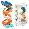 A set of five colorful sensory folding activity cubes for toddlers featuring various shapes and textures.