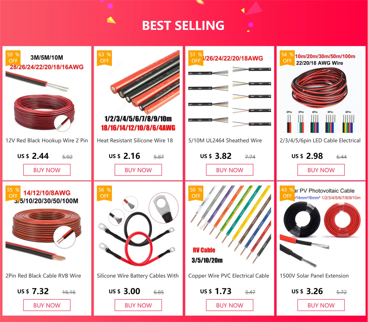 A collection of various electrical wires including 12V Red Hookup Wire, Silicone Wire, and various gauge wires for different 