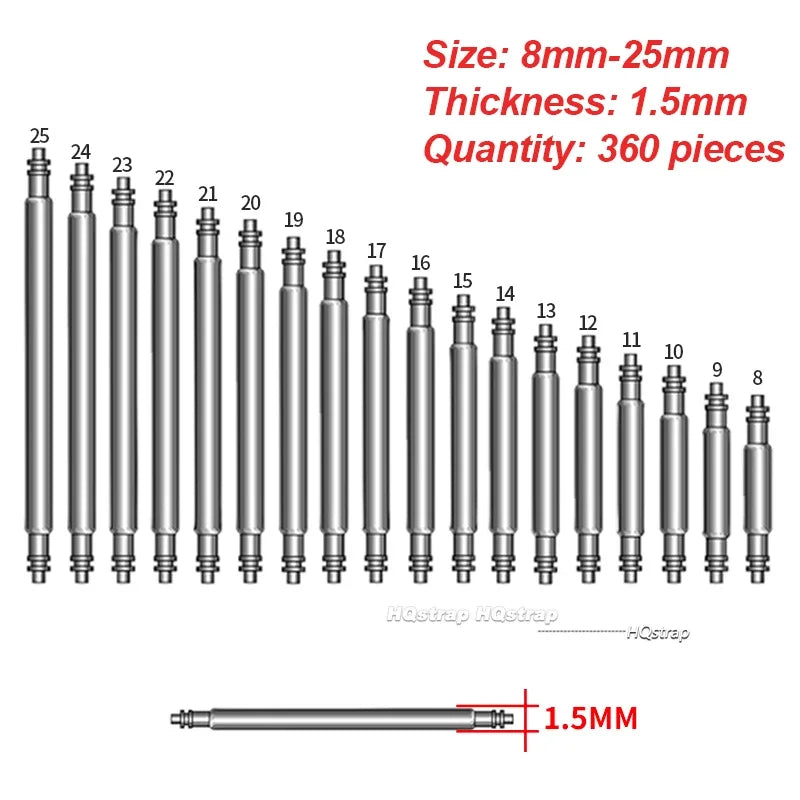 Assortment kit of 360 stainless steel watch spring bars, 8mm-25mm size, 1.5mm thickness.