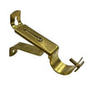 Brass metal curtain rod brackets with a sliding pin and screw for adjustable wall mounting.