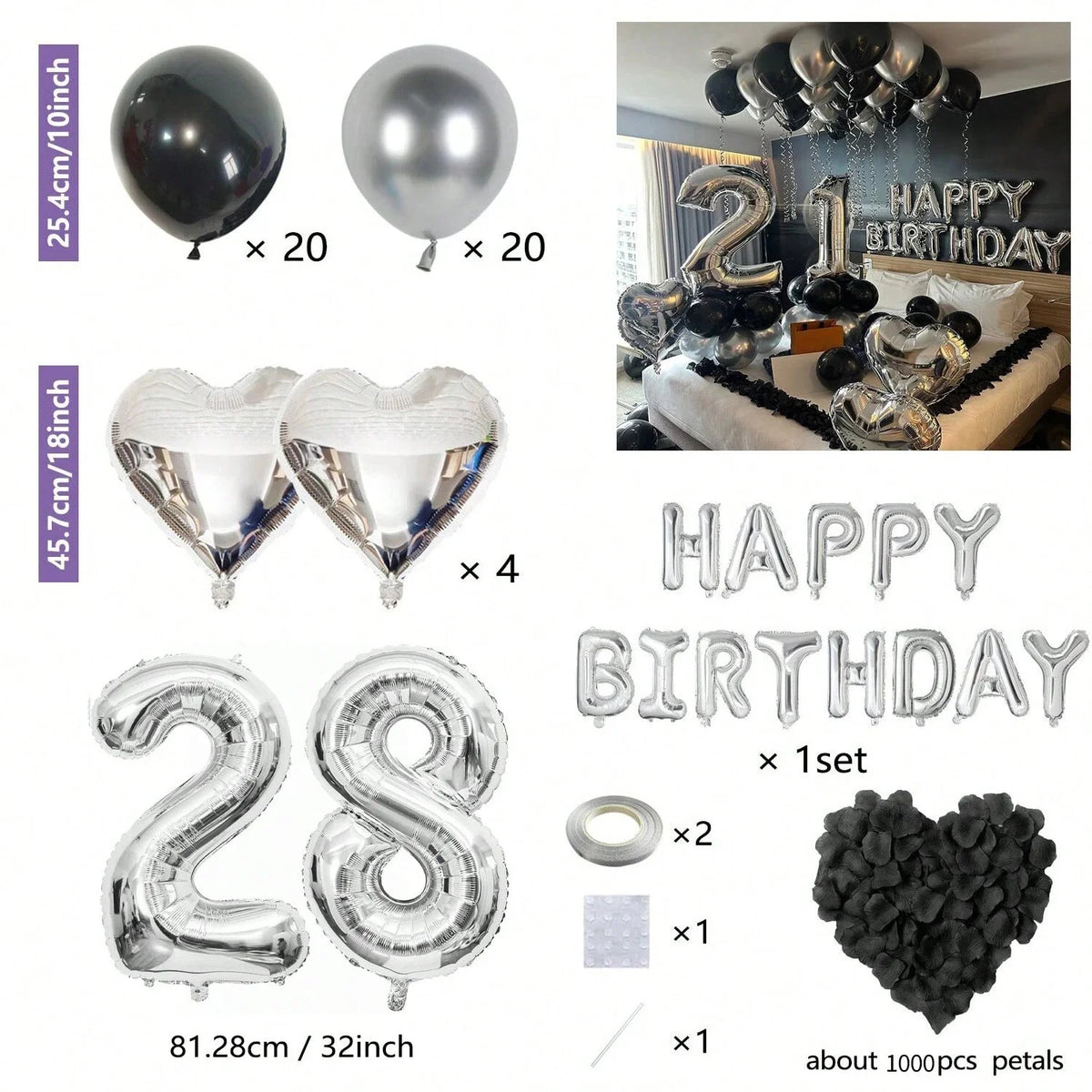 Set mit Partyballons in Silber und Schwarz, Herz- und Zahlenballons