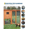A wooden poultry guardian enclosure with wire mesh panels for keeping pests and wildlife out.