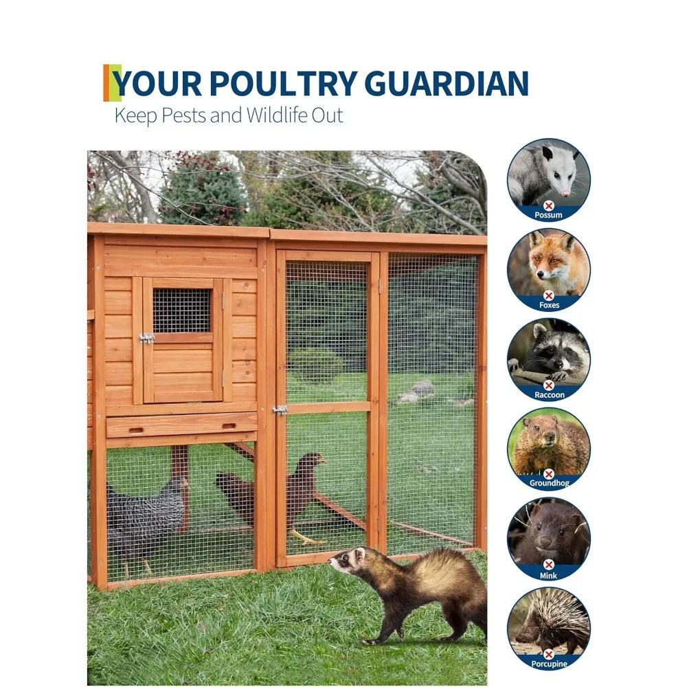 A wooden poultry guardian enclosure with wire mesh panels for keeping pests and wildlife out.