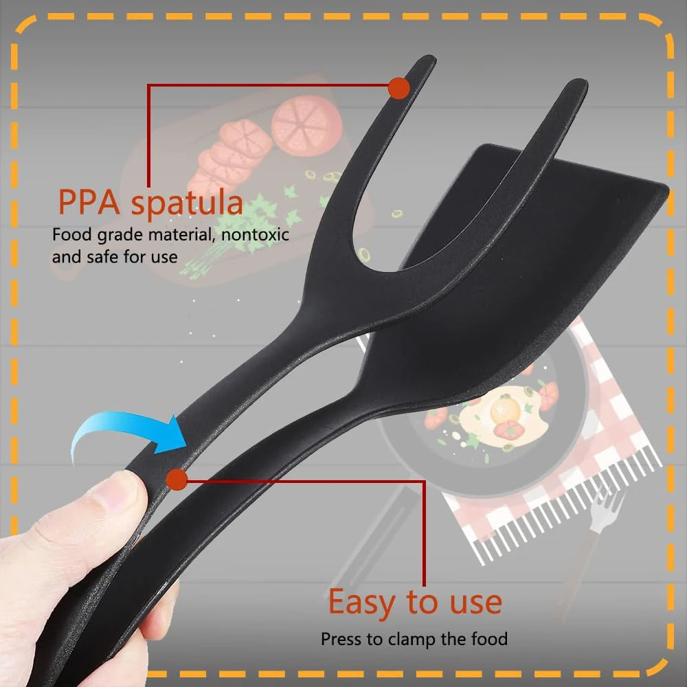 A hand holds a black PPA spatula with a curved end, demonstrating its easy to use grip for clamping food.