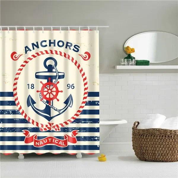 A fabric shower curtain featuring a nautical theme with anchors and stripes.
