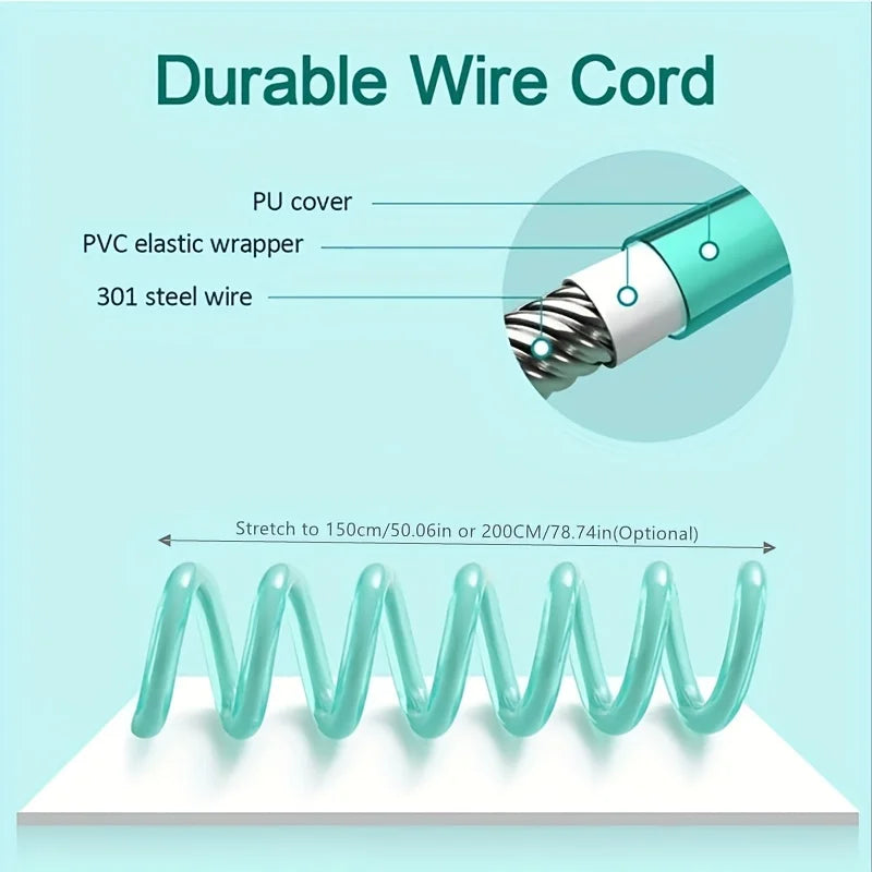 A durable wire cord with a PU cover and PVC elastic wrapper is shown, demonstrating its stretchability.