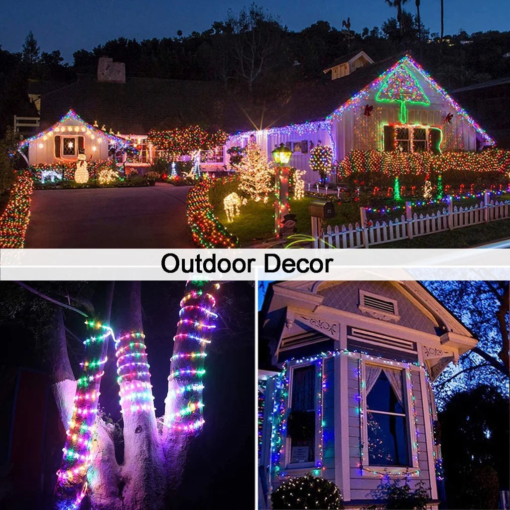 Outdoor decor featuring illuminated fairy string lights decorating a house and garden at night.