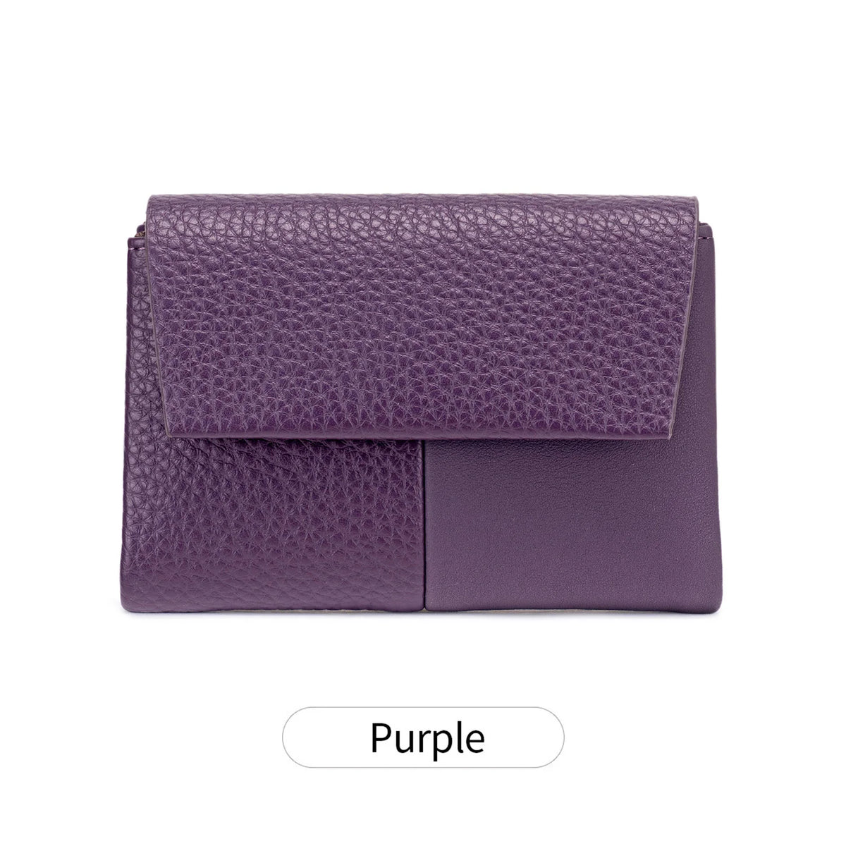 A purple RFID-blocking tri-fold wallet with a zippered coin pocket.