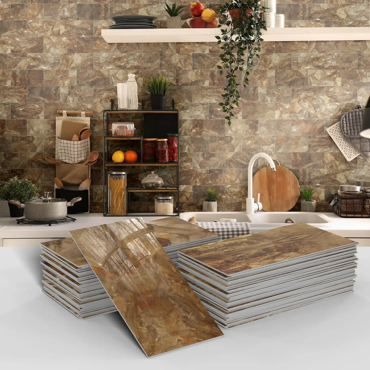 Stacks of brown marble self-adhesive 3D tile decals displayed in a kitchen or bathroom setting.