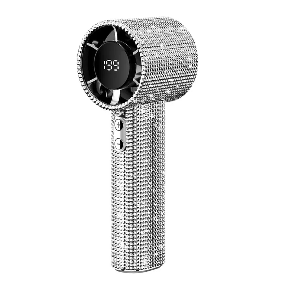 A silver portable fan with a diamond pattern and an LED glow feature.