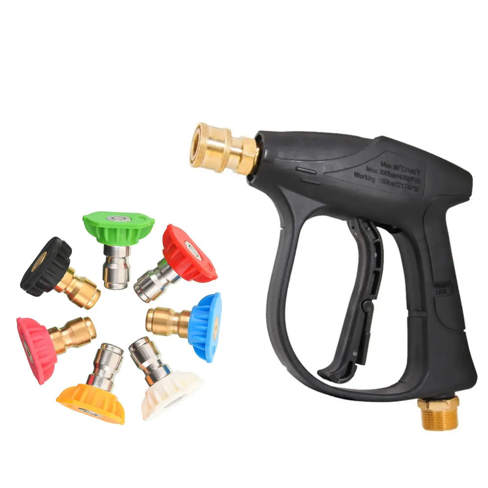 A black high-pressure car wash gun with five spray nozzles and a handle is shown.
