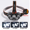A black rechargeable 5-LED headlamp with an orange strap and USB port, shown in various light modes.