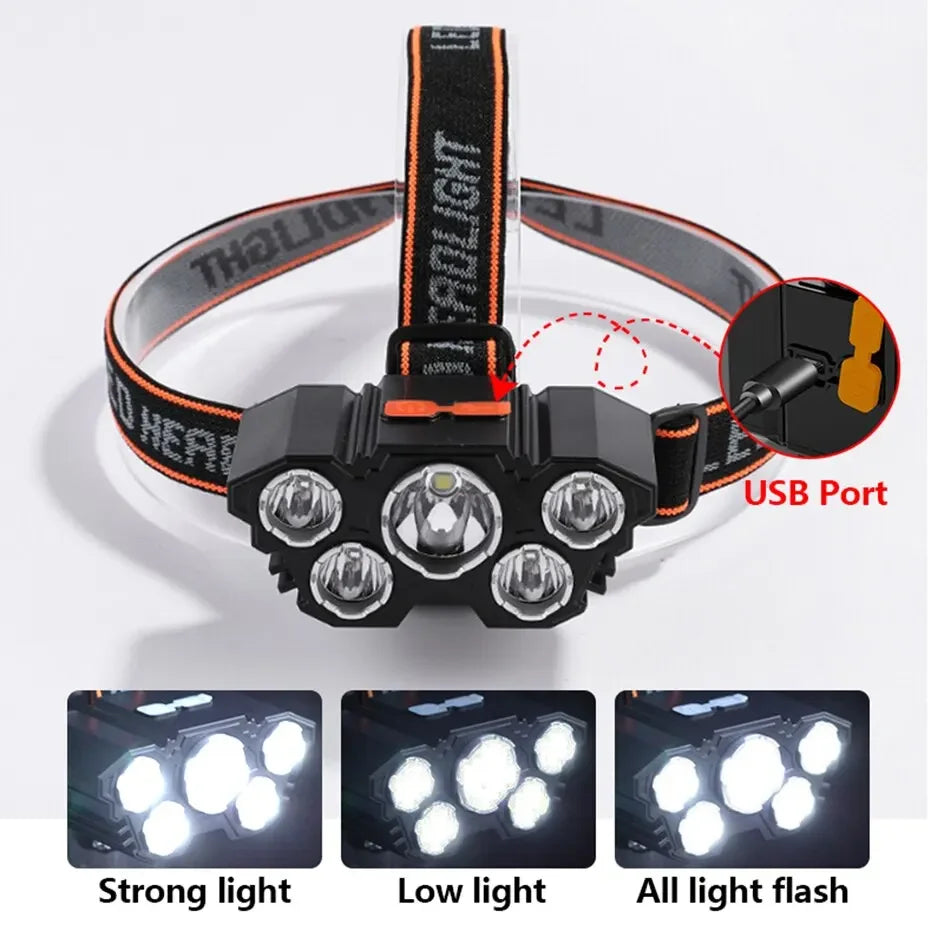 A black rechargeable 5-LED headlamp with an orange strap and USB port, shown in various light modes.