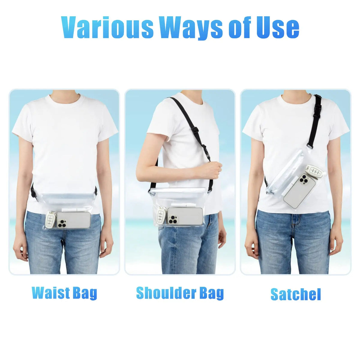 Démonstration d'utilisations variées d'une pochette imperméable, comme sac à taille, sac à l'épaule et sacoche.