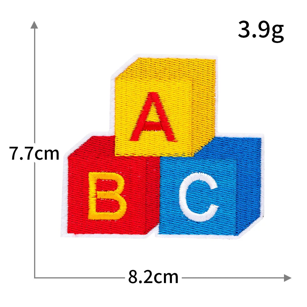 Three yellow, red, and blue cube shaped iron-on patches labeled A, B, and C are shown with their dimensions.