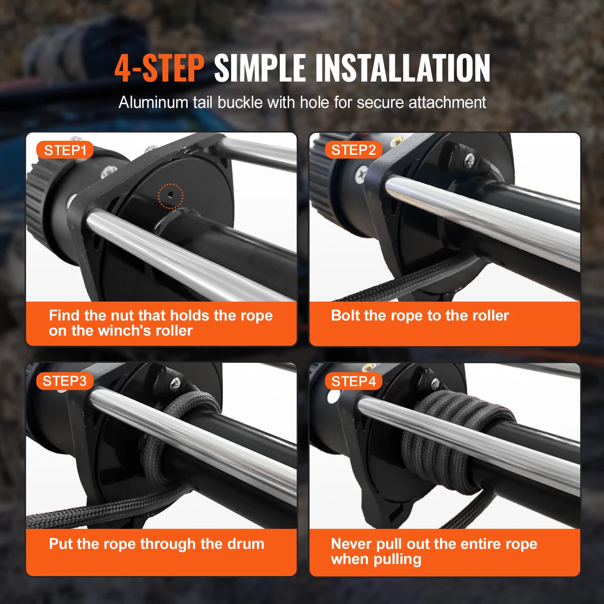 Four steps for simple installation of an aluminum tail buckle with a hole for secure attachment.
