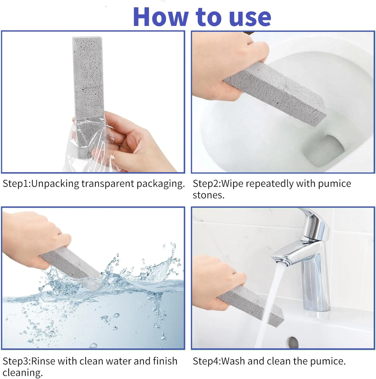 Instructions showing how to use natural pumice stone cleaning sticks for various surfaces.