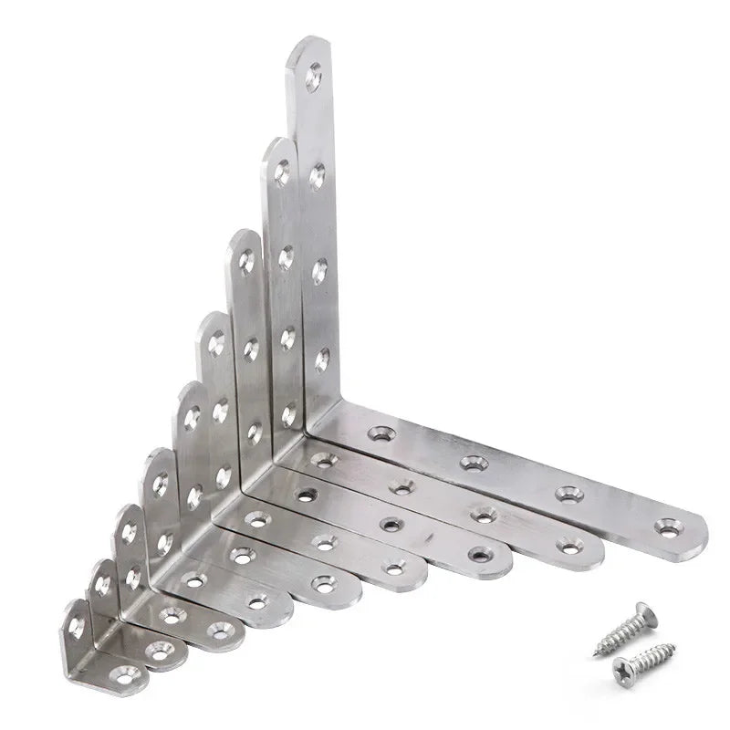 Stainless steel 90-degree angle bracket set with screws shown in a close-up view.