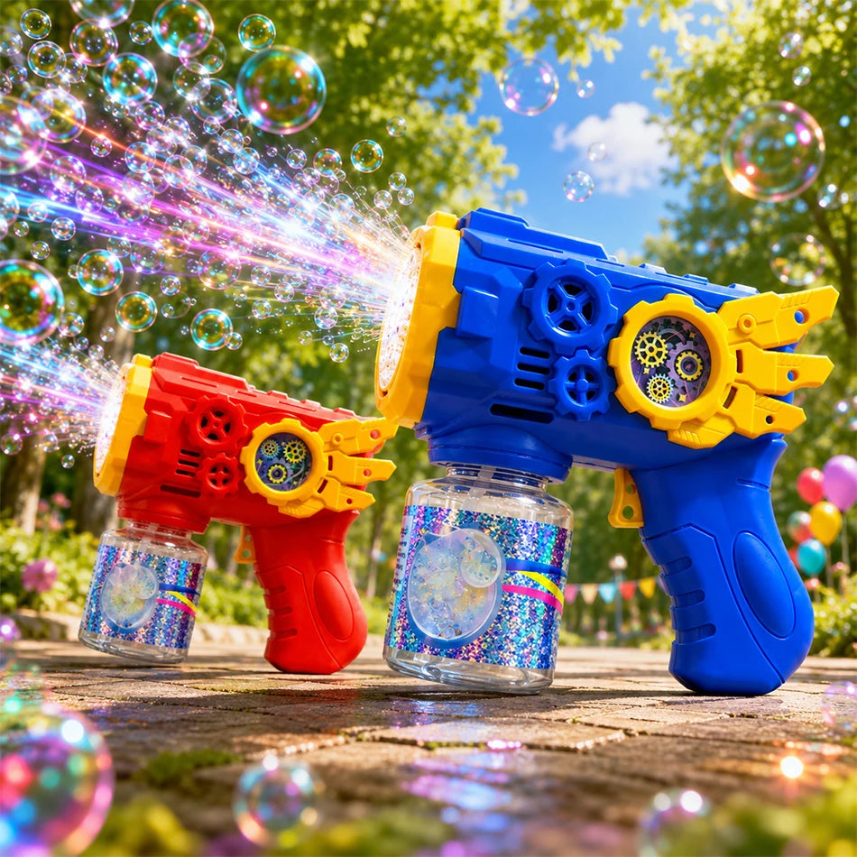 Blaues und orangefarbenes automatisches Seifenblasenpistolenspielzeug, das bunte Luftblasen im Freien auslöst.