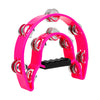 A bright pink double-layer half moon tambourine with hand bells.
