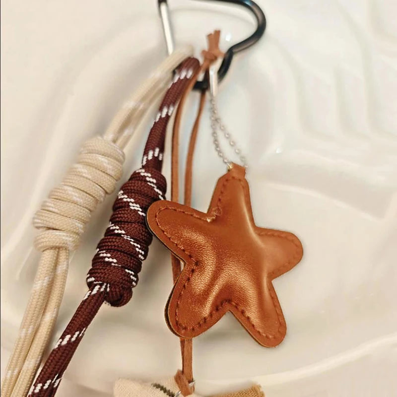 Kawaii Cartoon Linen Keychain – Cute Coffee & Bread Design with Leather Heart Pendant