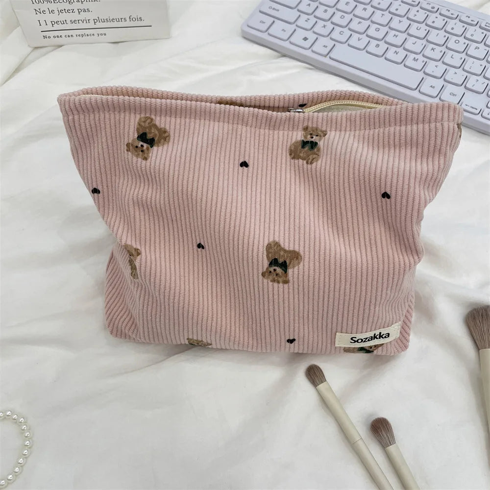 Corduroy Bear Print Makeup Bag – Large Capacity Cosmetic Organizer