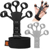 Black adjustable finger strengthener with a wrist strap shown in various sizes