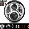 A clear view of a 7-inch motorcycle LED headlight with angel eyes and daytime running lights.