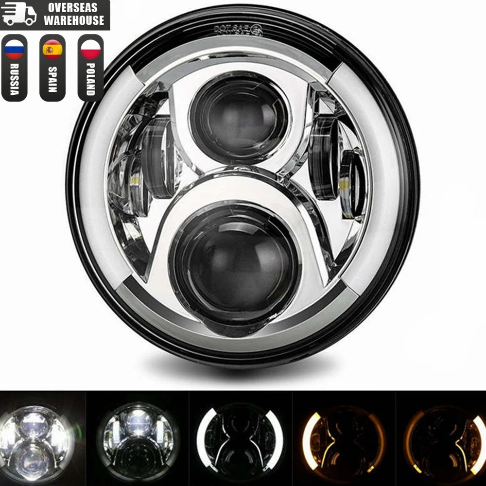 A clear view of a 7-inch motorcycle LED headlight with angel eyes and daytime running lights.