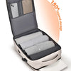 A gray travel backpack with a laptop compartment is shown open, displaying an 180 degree expand storage feature.