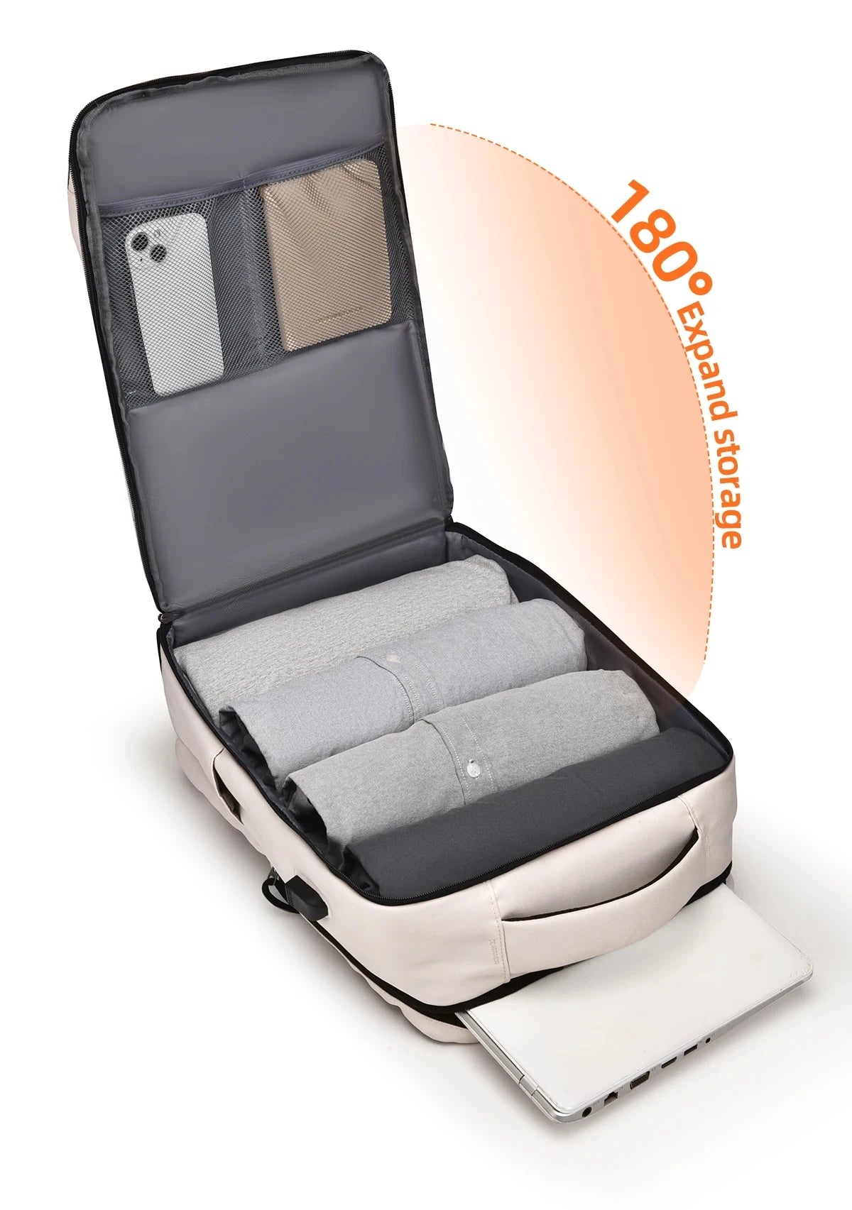 A gray travel backpack with a laptop compartment is shown open, displaying an 180 degree expand storage feature.