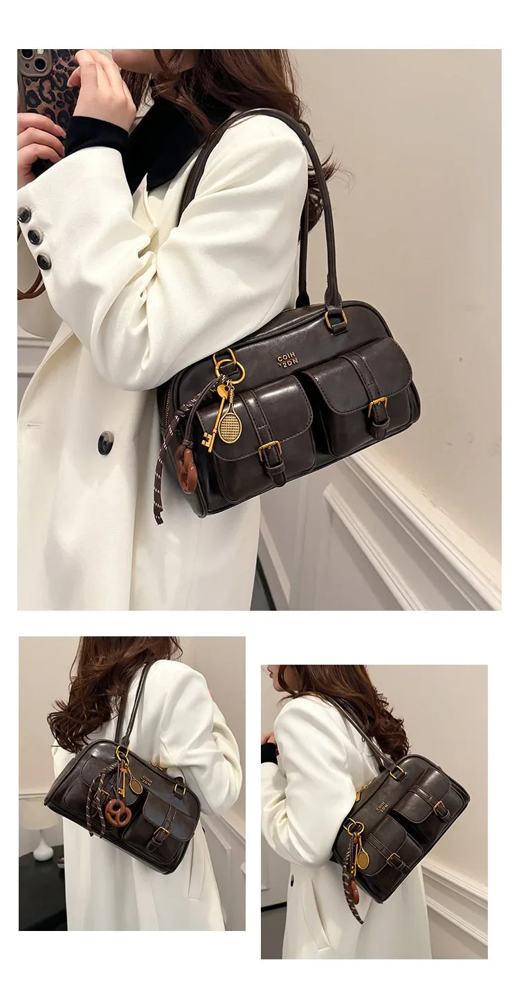 Women's Retro PU Leather Shoulder Bag with Multiple Pockets & Detachable Charm
