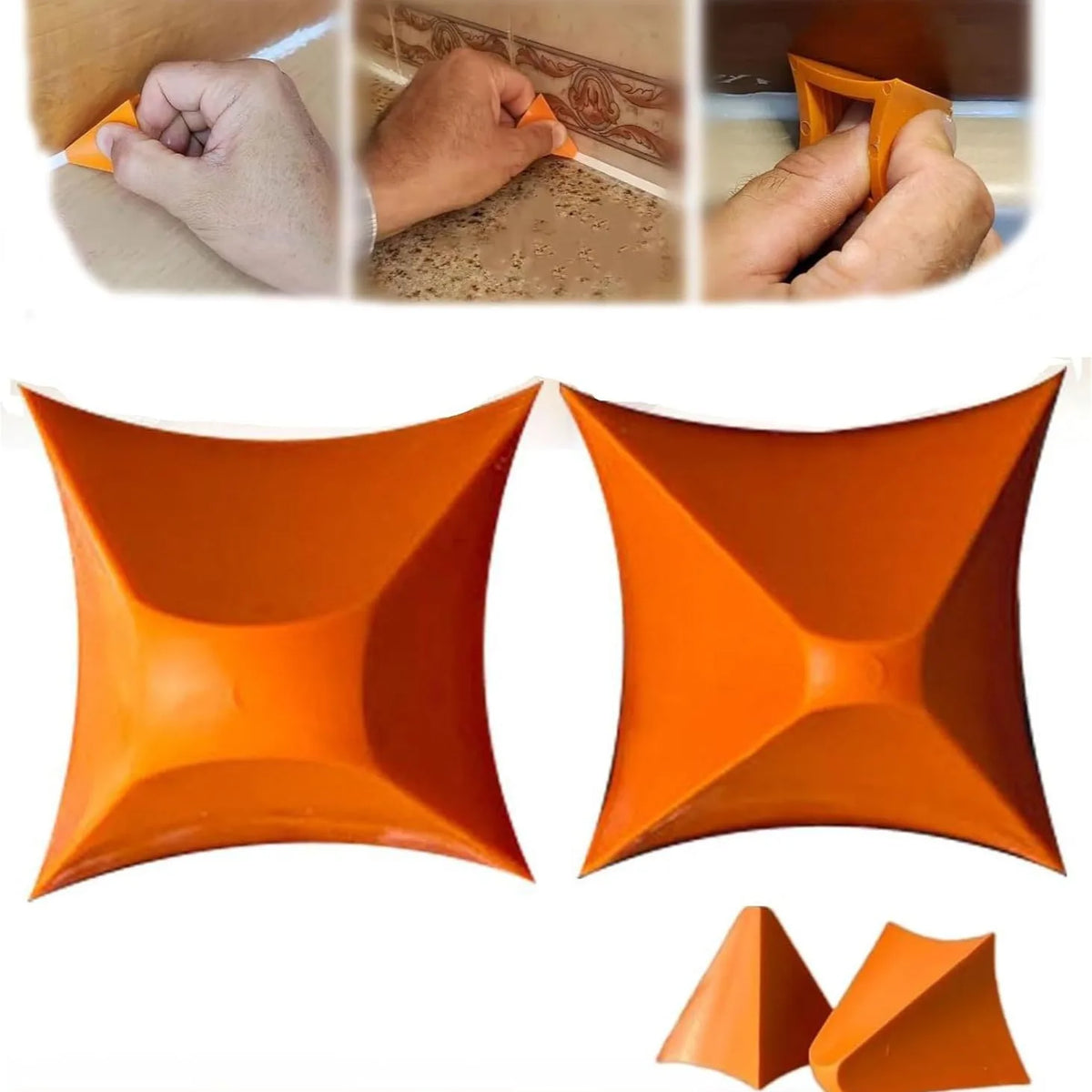 A set of silicone tile grout filling tools in orange and brown colors for home seam repair.