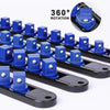 A black and blue socket organizer rail with adjustable clips shown in various angles for 360 rotation.